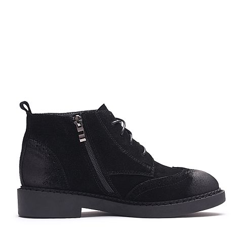 Teenmix/天美意冬专柜同款黑色牛剖层皮英伦风方跟女短靴AP861DD7