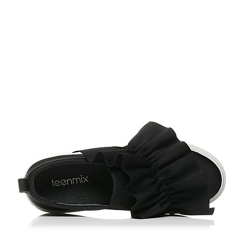 Teenmix/天美意秋黑色纺织品褶皱边平跟乐福鞋女休闲鞋H123YCM7