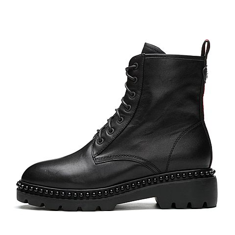 Teenmix/天美意冬专柜同款黑色牛皮简约方跟马丁靴女靴AQ291DZ7