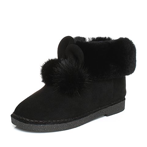 Teenmix/天美意冬专柜同款黑色可爱小耳朵绒毛球雪地靴女靴（毛里）AQ191DD7