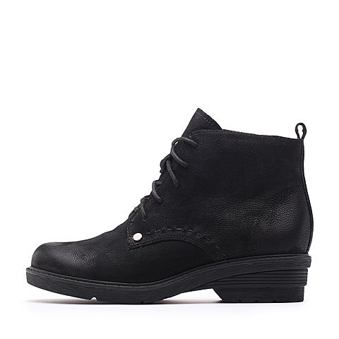 Teenmix/天美意冬专柜同款黑色牛皮简约方跟女短靴(绒里)6JQ48DD7