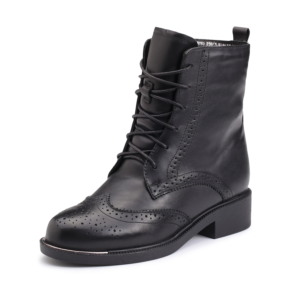 Teenmix/天美意冬专柜同款黑色牛皮方跟马丁靴女靴(毛里)CAY60DZ7