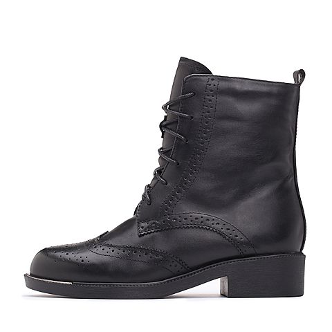 Teenmix/天美意冬专柜同款黑色牛皮方跟马丁靴女靴(毛里)CAY60DZ7