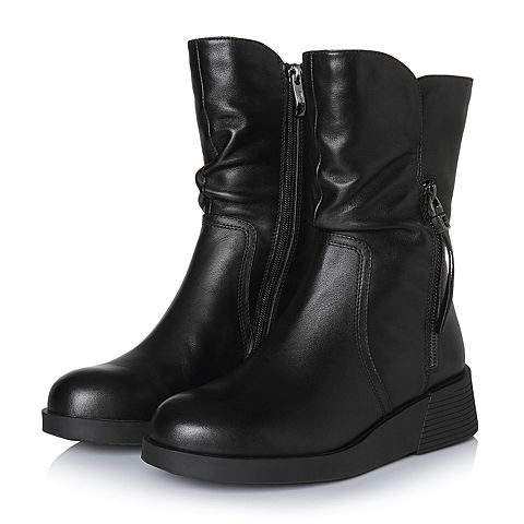 Teenmix/天美意冬专柜同款黑色牛皮舒适坡跟女中靴女靴(绒里)CBU61DZ7