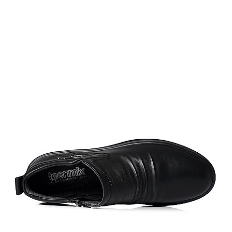 Teenmix/天美意冬专柜同款黑色牛皮褶皱舒适平跟男低靴66H40DD7