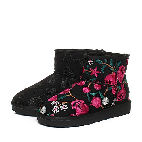 Teenmix/天美意冬黑色纺织品刺绣雪地靴女短靴(仿毛里)58503DD7