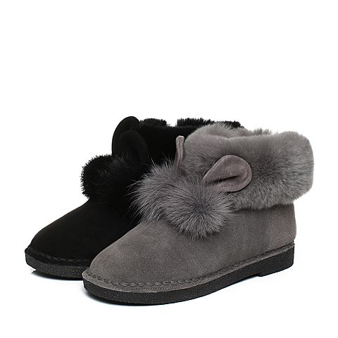 Teenmix/天美意冬专柜同款灰色可爱小耳朵绒毛球雪地靴女靴（仿毛里）AQ191DD7