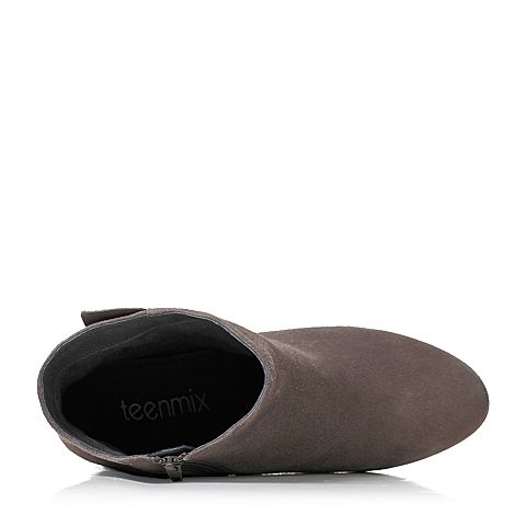 Teenmix/天美意冬灰色羊绒皮褶皱边优雅粗跟女短靴（绒里）1016ADD7