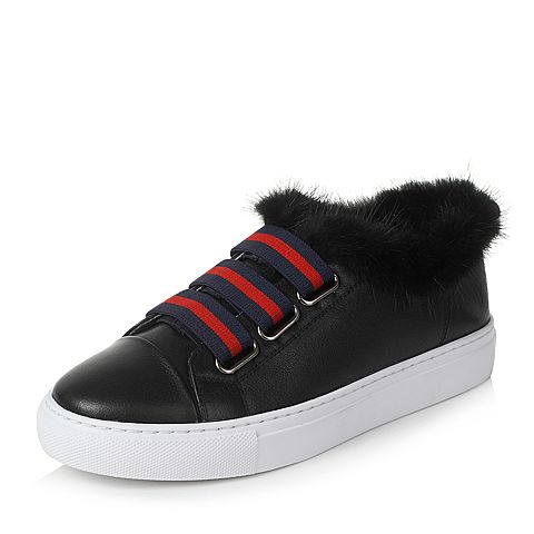 Teenmix/天美意秋黑色牛皮个性条纹织带小黑鞋女鞋（绒布里）1034ACM7