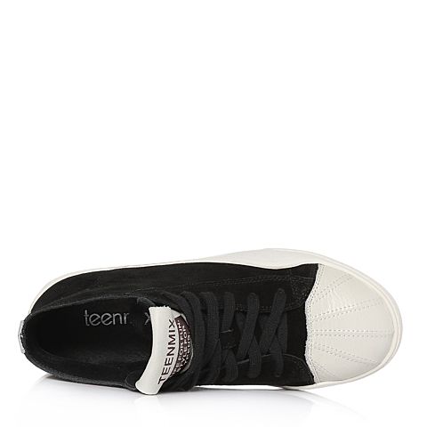 Teenmix/天美意冬专柜同款黑色牛剖层皮平跟休闲靴女短靴AQ621DD7