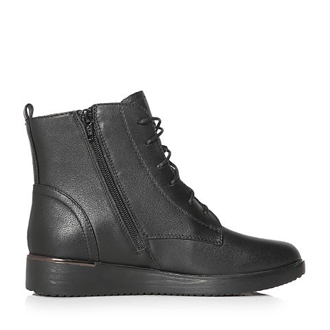 Teenmix/天美意冬专柜同款黑色牛皮平跟马丁靴女短靴(绒里)CBJ41DD7