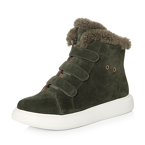 Teenmix/天美意冬专柜同款绿色二层牛皮平跟休闲靴女短靴CC240DD7