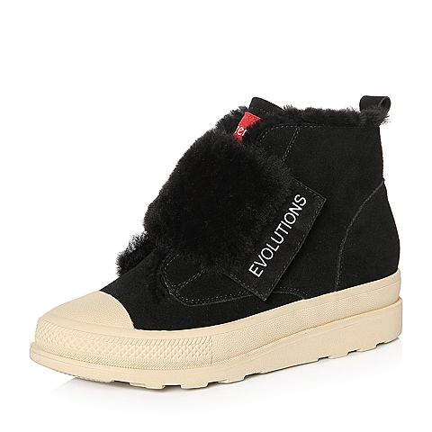 Teenmix/天美意冬专柜同款黑色牛剖层皮/羊毛皮平跟女休闲靴(仿毛里)AR041DD7
