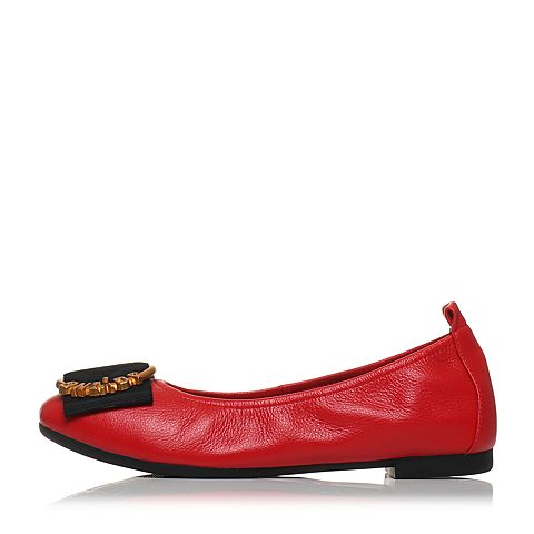 Teenmix/天美意春专柜同款红色牛皮金属环方跟浅口女单鞋AQ861AQ8