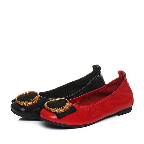 Teenmix/天美意春专柜同款红色牛皮金属环方跟浅口女单鞋AQ861AQ8