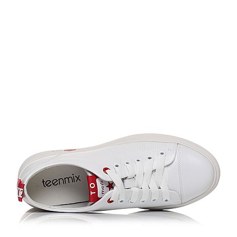 Teenmix/天美意春专柜同款白/红色牛皮字母系带鞋女休闲鞋AQ841AM8