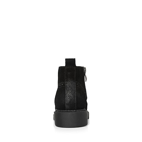 Teenmix/天美意冬专柜同款黑色牛剖层皮英伦风方跟女短靴(绒里)AP861DD7