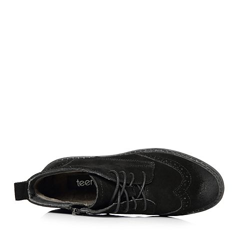 Teenmix/天美意冬专柜同款黑色牛剖层皮英伦风方跟女短靴(绒里)AP861DD7