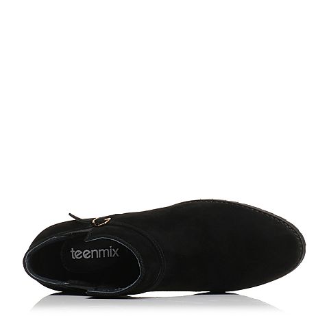 Teenmix/天美意冬专柜同款黑色羊绒皮方跟切尔西靴女短靴(绒里)AQ271DD7