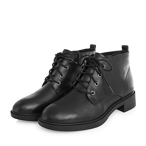 Teenmix/天美意冬专柜同款黑色牛皮简约率性方跟女短靴(绒里)CBE40DD7