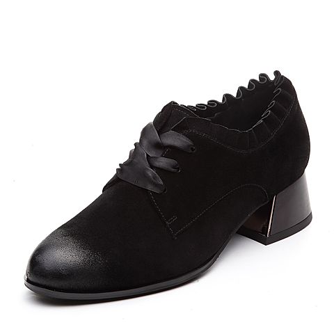 Teenmix/天美意春专柜同款黑色羊绒皮粗跟系带鞋女单鞋CB721AM8