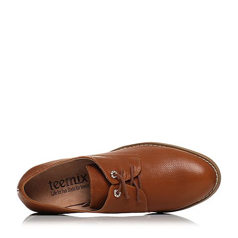 Teenmix/天美意春专柜同款棕色牛皮粗跟系带鞋女单鞋6U222AM8