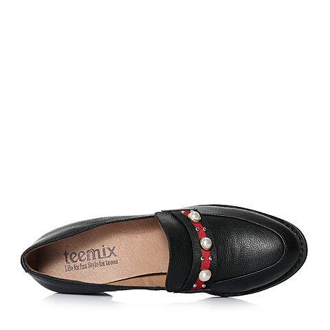 Teenmix/天美意春专柜同款黑色牛皮珠饰粗跟乐福鞋女单鞋6U201AQ8