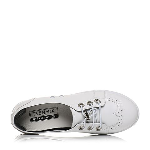 Teenmix/天美意春专柜同款白/黑色牛皮镂花撞色平跟女休闲鞋6V521AM8