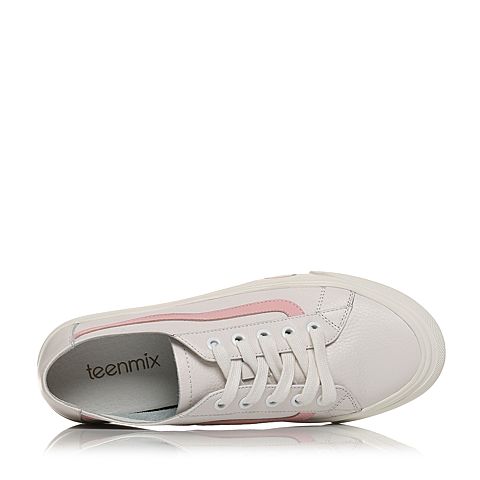 Teenmix/天美意春专柜同款白/粉色牛皮撞色平跟系带鞋女休闲鞋AQ741AM8