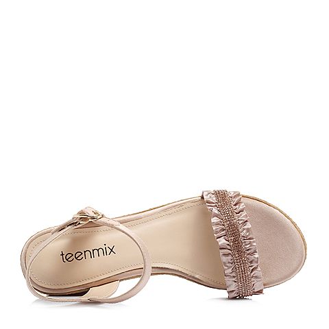 Teenmix/天美意夏专柜同款粉杏/粉色布/羊皮一字带粗跟女凉鞋6YB20BL8