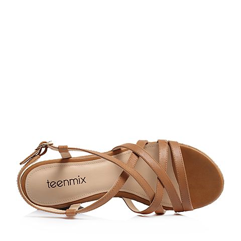 Teenmix/天美意夏专柜同款棕色牛皮多条带粗跟女凉鞋6YB13BL8