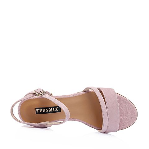 Teenmix/天美意夏专柜同款粉色羊绒皮革简约通勤风女凉鞋6Z202BL8