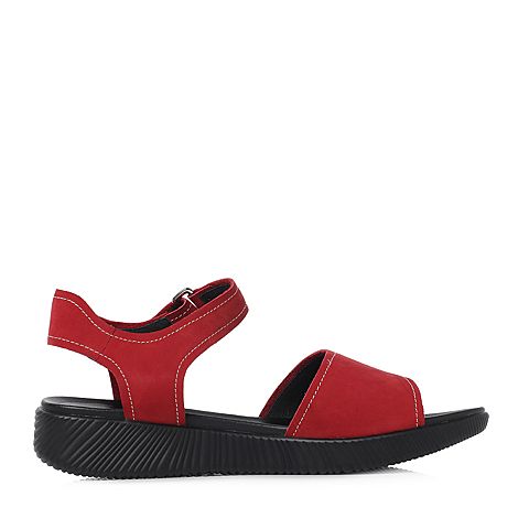 Teenmix/天美意夏专柜同款红色磨砂牛皮一字式平跟女凉鞋CDQ02BL8