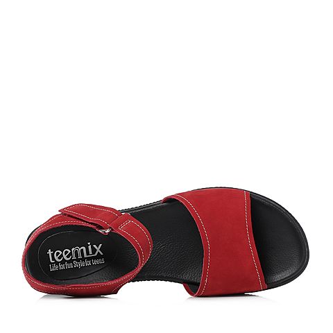 Teenmix/天美意夏专柜同款红色磨砂牛皮一字式平跟女凉鞋CDQ02BL8