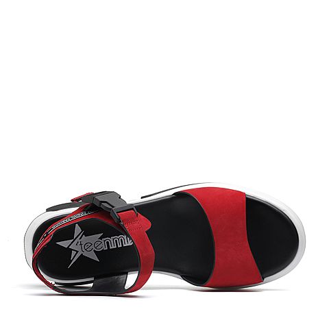 Teenmix/天美意夏专柜同款红色移膜二层牛皮革时尚字母厚底休闲风女凉鞋CDP01BL8