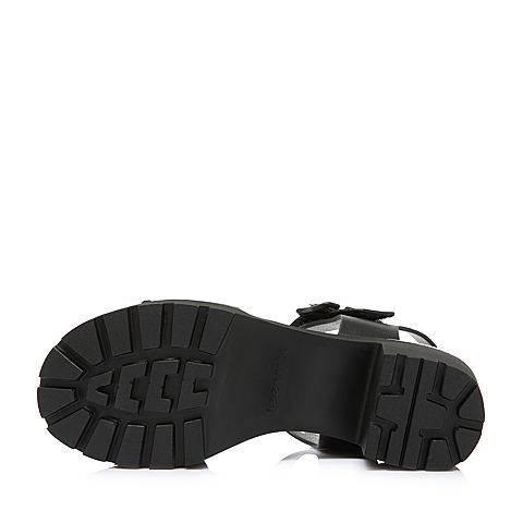 Teenmix/天美意夏专柜同款黑色牛皮革字母一字带粗高跟女凉鞋CD801BL8
