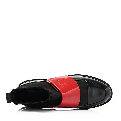Teenmix/天美意春季专柜同款黑/红色光面牛皮革舒适方跟女短靴6T341AD8