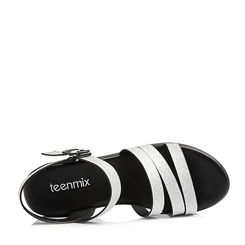 Teenmix/天美意夏专柜同款银色多条带厚底坡跟女凉鞋AR291BL8