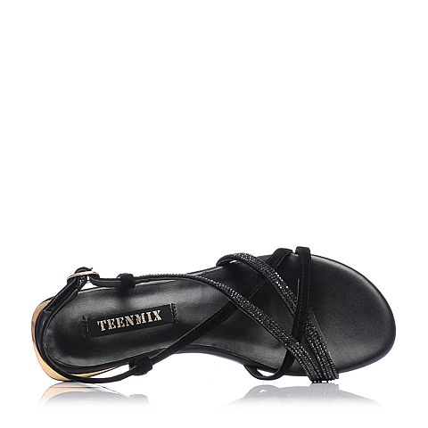 Teenmix/天美意夏黑色羊绒皮革/纺织品多条带方跟女凉鞋CDX06BL8
