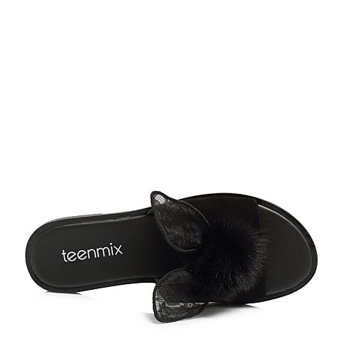 Teenmix/天美意夏专柜同款黑色毛球蕾丝兔耳女拖鞋AR381BT8