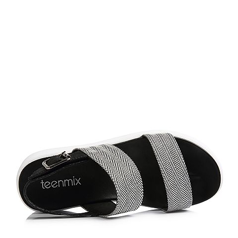 Teenmix/天美意夏专柜同款银色羊皮/纺织品一字带厚底女凉鞋AR471BL8