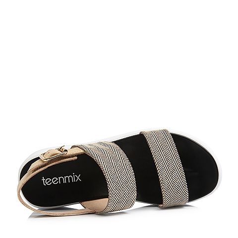 Teenmix/天美意夏专柜同款金色羊皮/纺织品一字带厚底女凉鞋AR471BL8