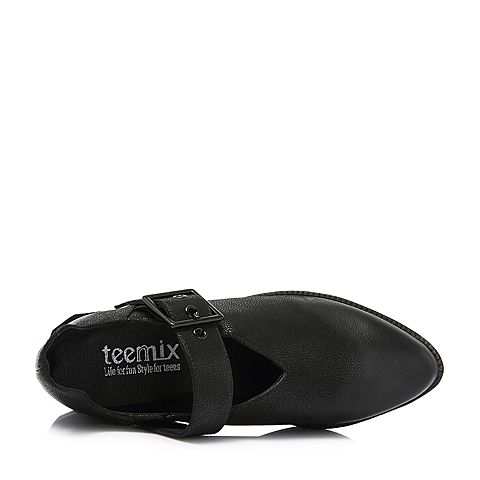 Teenmix/天美意春专柜同款黑色珠光牛皮革小V口方跟女单鞋CEV20AM8