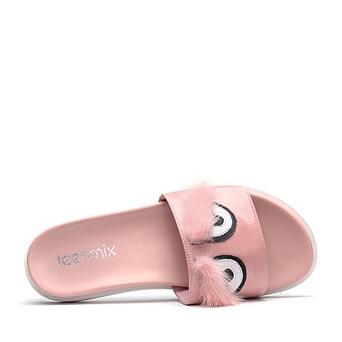 Teenmix/天美意夏粉色漆牛皮趣味图案舒适平跟女拖鞋DY609BT8