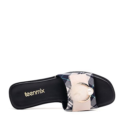 Teenmix/天美意夏专柜同款兰灰/米色布/羊皮革格纹小方跟女拖鞋CC607BT8
