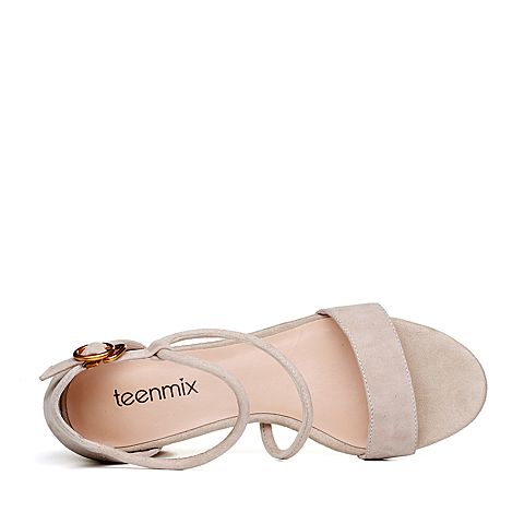 Teenmix/天美意夏季杏色羊皮革时尚简约中空方跟女凉鞋17070BL8