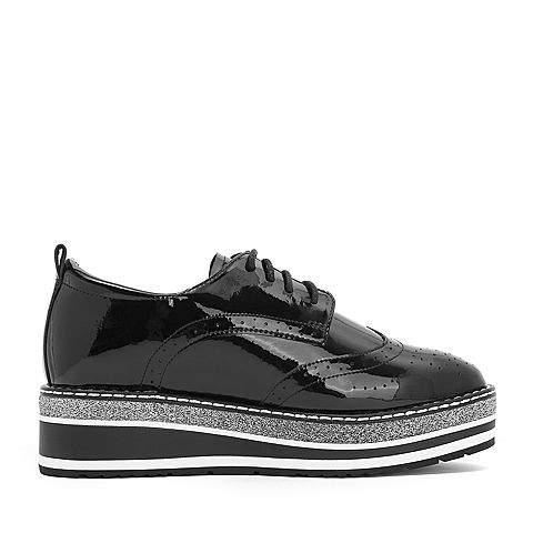 Teenmix/天美意秋专柜同款黑色英伦布洛克风厚底系带鞋女单鞋CFM20CM8