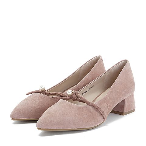 Teenmix/天美意秋专柜同款粉色珠饰粗跟尖头鞋浅口女单鞋6B609CQ8