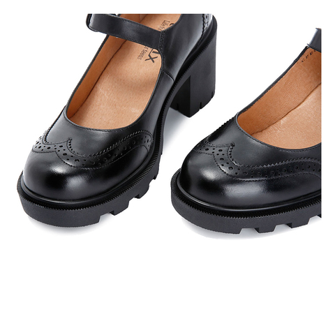 Teenmix/天美意秋专柜同款黑色打蜡牛皮革粗跟玛丽珍鞋女单鞋CFE01CQ8
