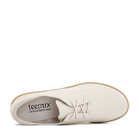 Teenmix/天美意秋专柜同款米白/米色牛皮革/羊皮革方跟系带鞋女单鞋CCJ21CM8